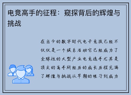 电竞高手的征程：窥探背后的辉煌与挑战